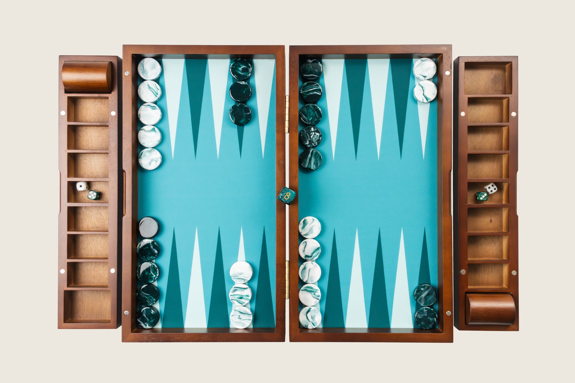 A Pointworks timber backgammon set laid open, seen from above